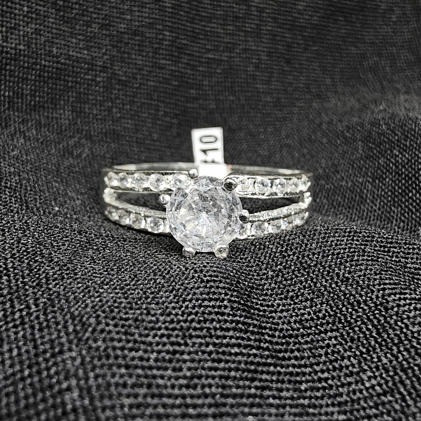 Silver Round Cut Solitaire Ring with Double Row Accent Stones