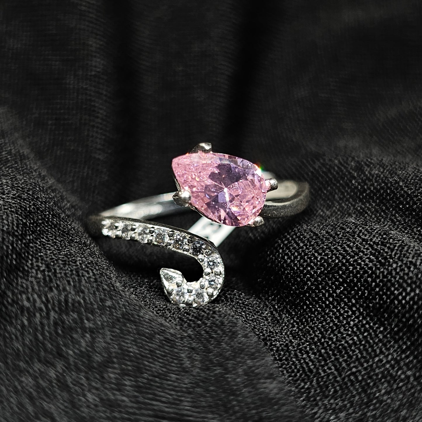Teardrop Pink Stone Ring with Crystal Accents and Open Band