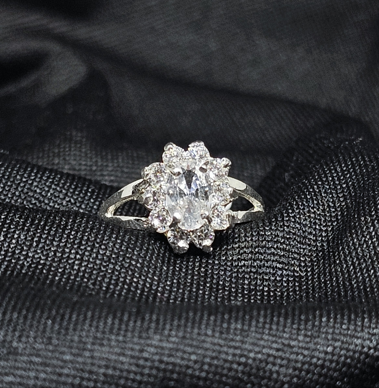 White Oval Stone Ring CZ Halo 925 Sterling Silver