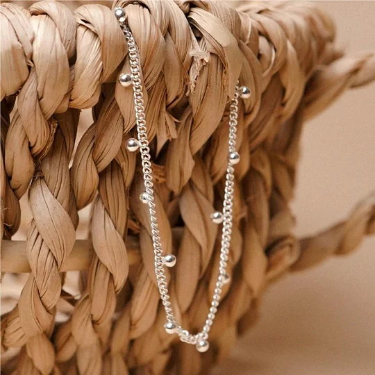 925 Sterling Silver Beaded Cuban Anklet