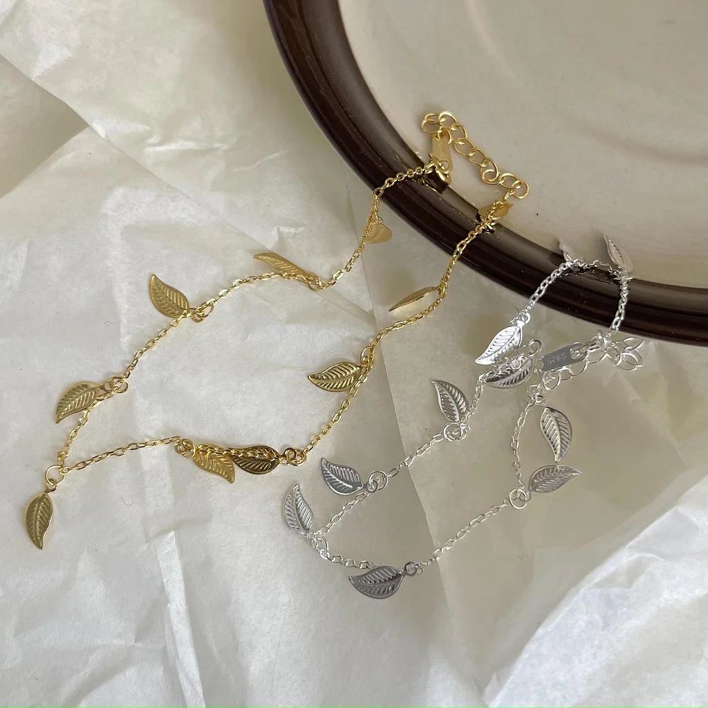 925 Sterling Silver Women Silver Leaf Anklets