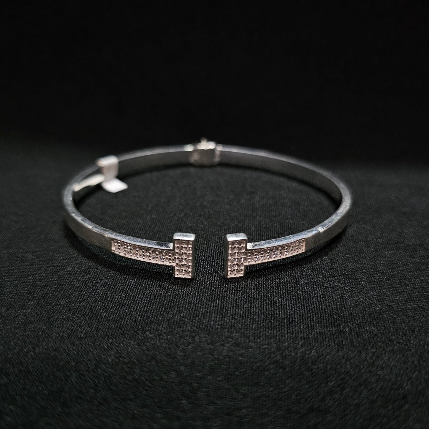 T Bangle Bracelet CZ 925 Sterling Silver 7"