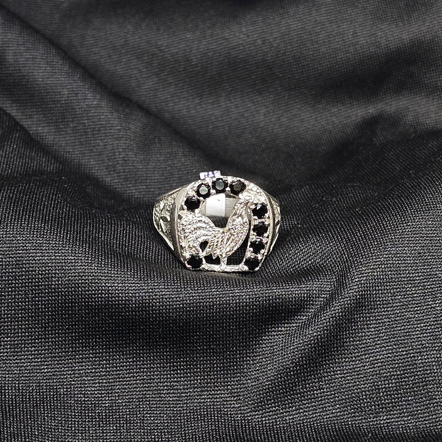 Bold Rooster Ring with Black Stones – Size 10, 6.5g, Silver Tone