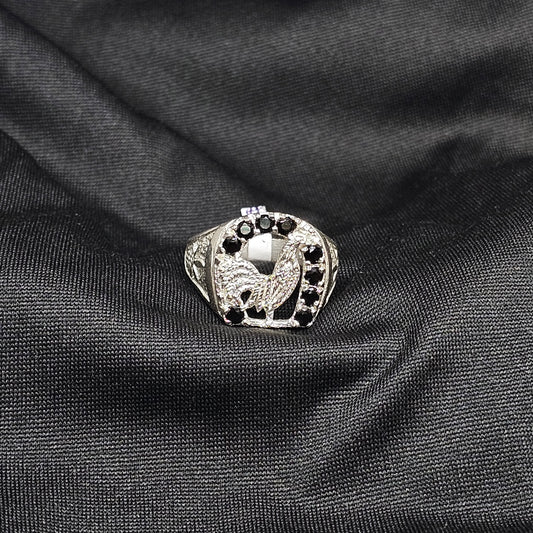 Bold Rooster Ring with Black Stones – Size 10, 6.5g, Silver Tone