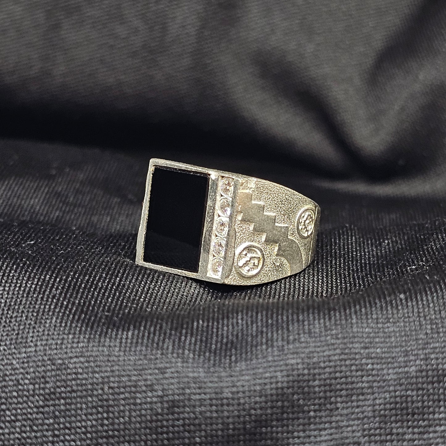 Bold Men's Silver Ring with Black Stone & CZ - Size 9, 4.5g