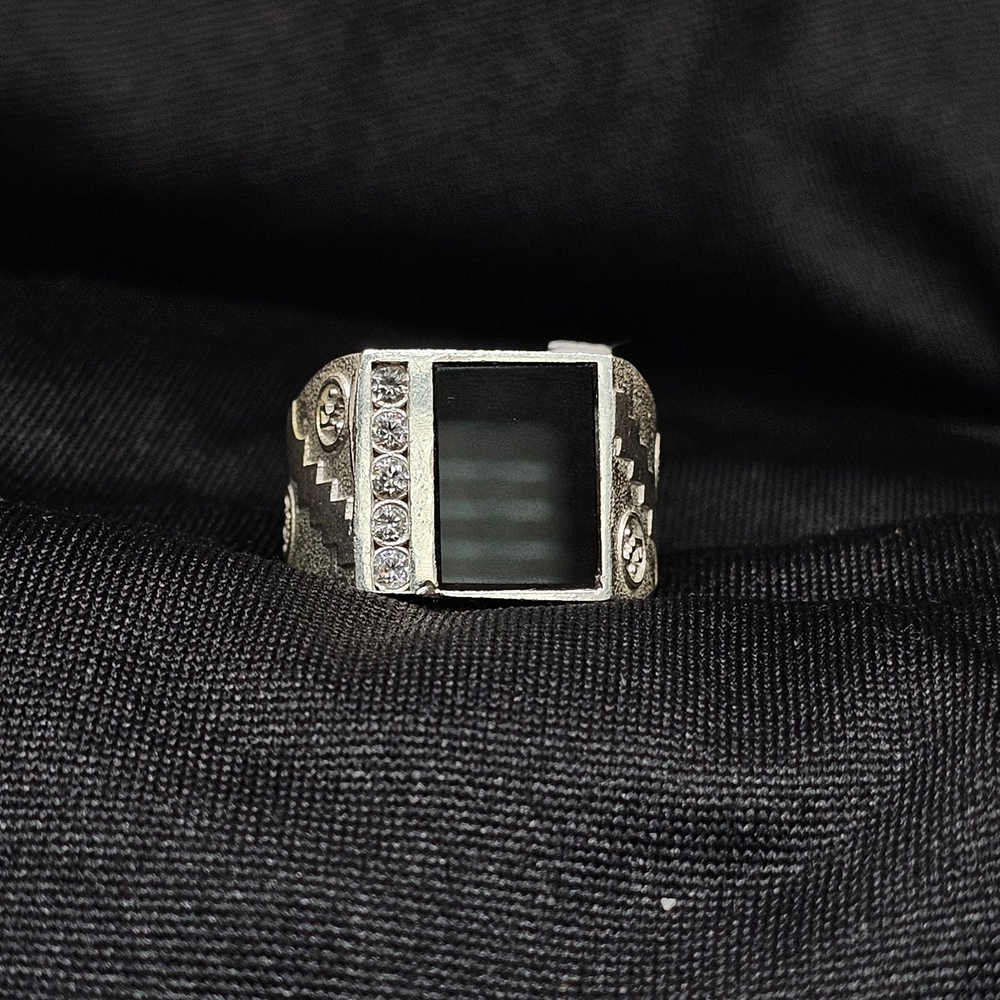 Bold Men's Silver Ring with Black Stone & CZ - Size 9, 4.5g