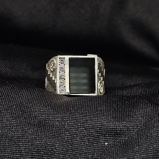 Bold Men's Silver Ring with Black Stone & CZ - Size 9, 4.5g