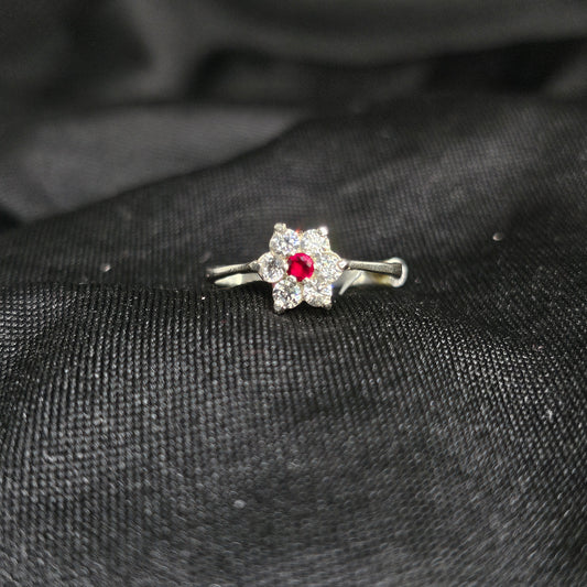 Floral Ruby CZ Ring, Silver Tone, Size 5.5, 1.5g Elegant Accent