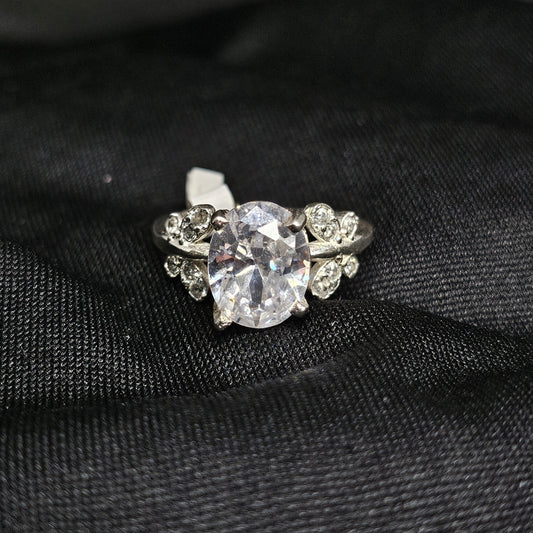 Large CZ Solitaire Ring with Floral Side Detail, Size 5.5