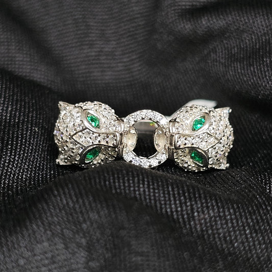 Twin Panther CZ Ring – Size 5.5, Silver-Tone, Emerald Eyes Design