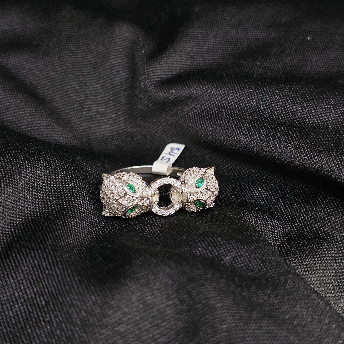 Twin Panther CZ Ring – Size 5.5, Silver-Tone, Emerald Eyes Design