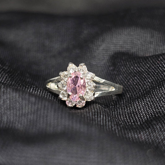 Oval Pink CZ Halo Ring – Elegant Vintage-Inspired Design