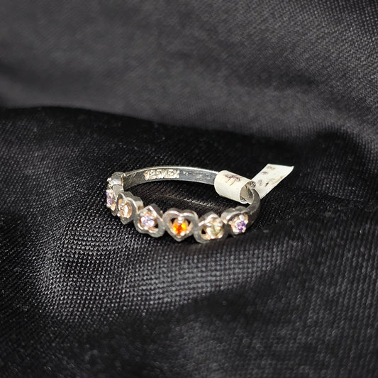Colorful Heart & Stone Band Ring – Size 6.5, 2g, Silver Finish