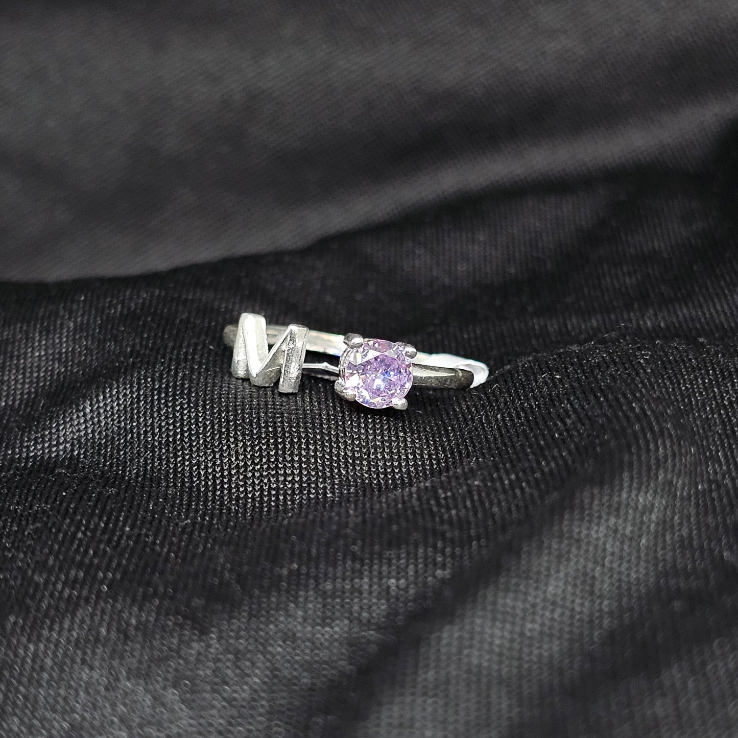 Silver "M" Initial Ring with Purple Stone – Size 7, Lightweight 2g