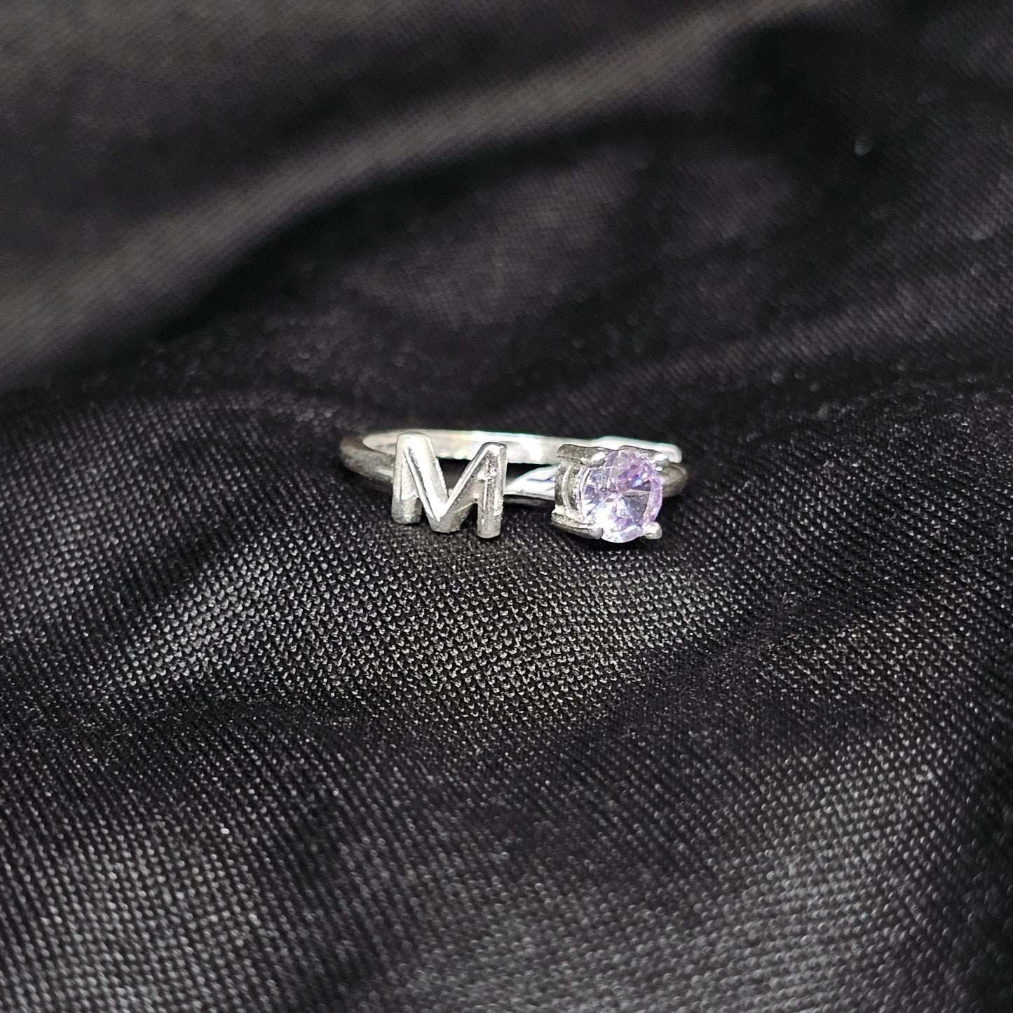 Silver "M" Initial Ring with Purple Stone – Size 7, Lightweight 2g