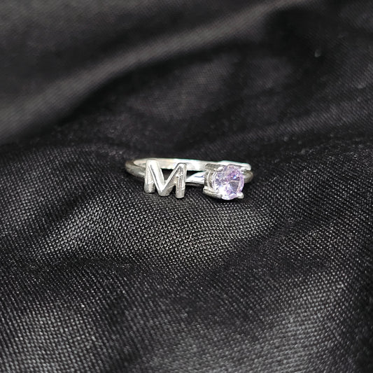 Silver "M" Initial Ring with Purple Stone – Size 7, Lightweight 2g