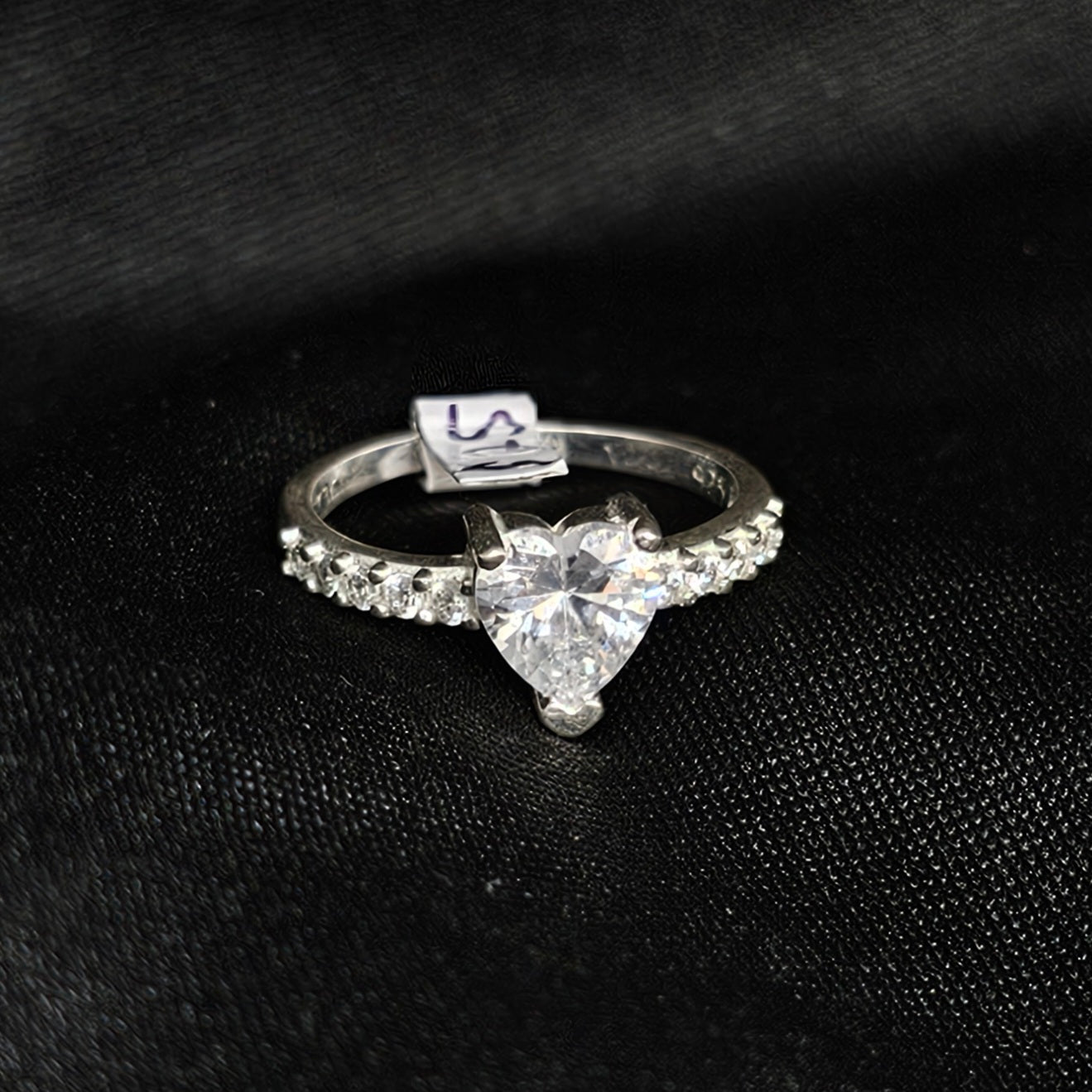 Silver Heart Cut Stone Ring with Side Stones – Size 7, 2.5g