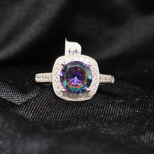 925 Silver Mystic CZ Halo Ring – Size 7.5 Color Shift Sparkle