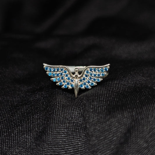 Blue Crystal Angel Wing Ring – Silver Tone, Size 8 Statement