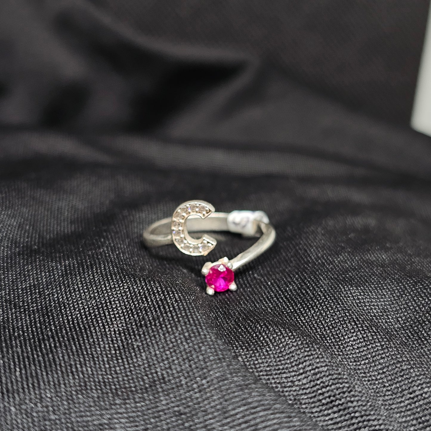 Initial C Ring with Pink Stone – Size 8, Silver Tone, Adjustable
