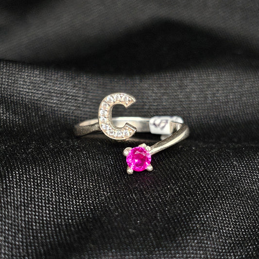 Initial C Ring with Pink Stone – Size 8, Silver Tone, Adjustable