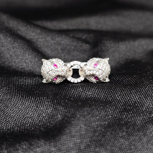 Dual Panther Head Silver Ring with Pink Eyes – Size 7