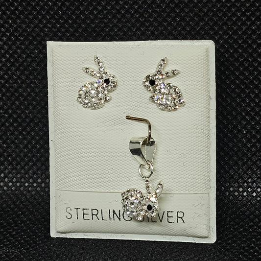 Sterling Silver CZ Bunny Earrings & Charm Set with Pushbacks