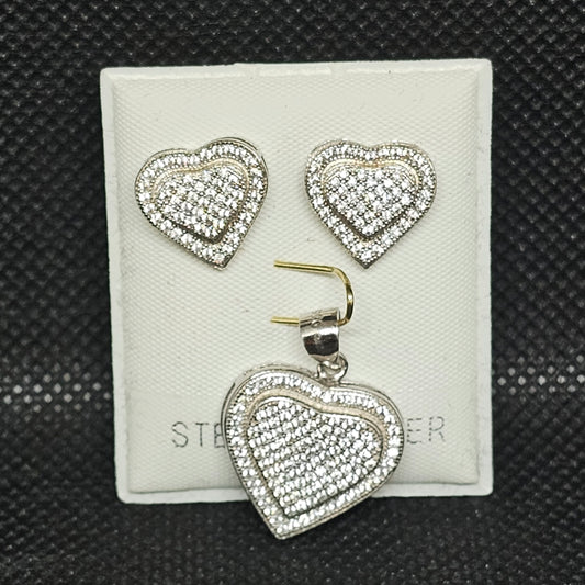 Sterling Silver CZ Heart Pendant & Earrings Set with Screwbacks