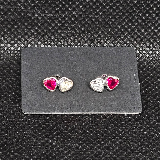White & Red Heart CZ Stud Earrings – ¼” with Screwball Backs