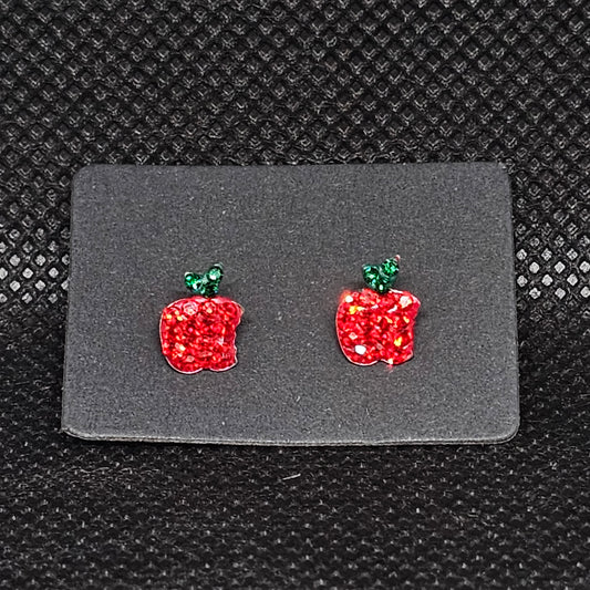Apple CZ Stud Earrings – ¼” Cute Fruit Design with Screwball Backs