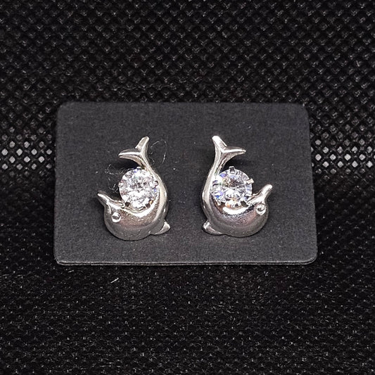 Dolphin Stud Earrings with CZ Center Stone & Screwball Backs ½”