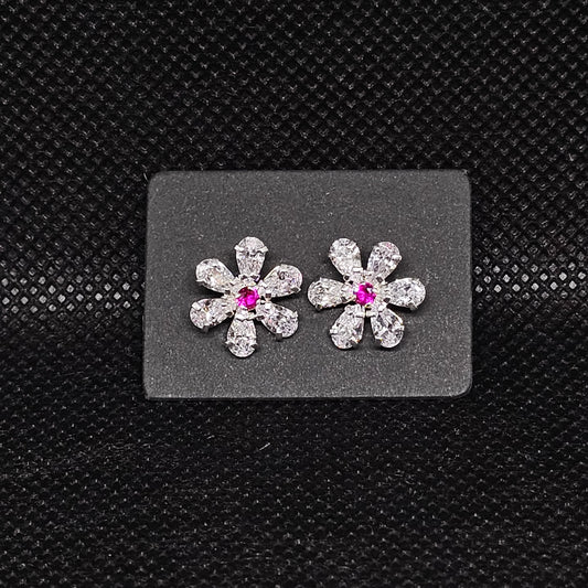 Flower Stud Earrings with CZ Stones & Secure Screwball Backs ½”