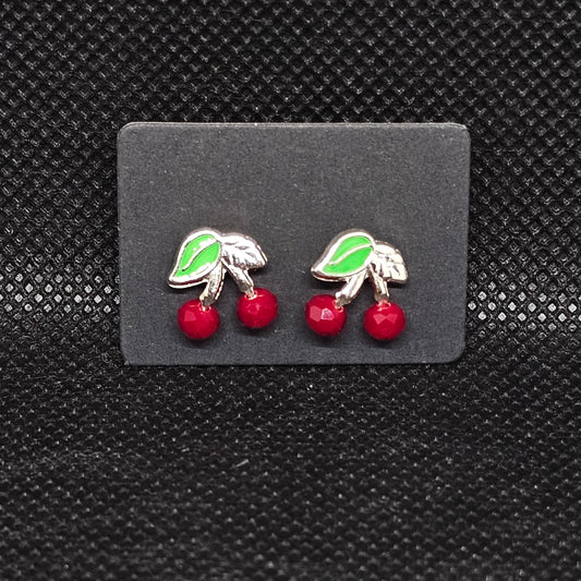 Cherry Stud Earrings with CZ Stones & Secure Screwball Backs ½”