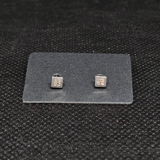 Square Diamond-Cut Stud Earrings with CZ & Pushback Closure ¼”