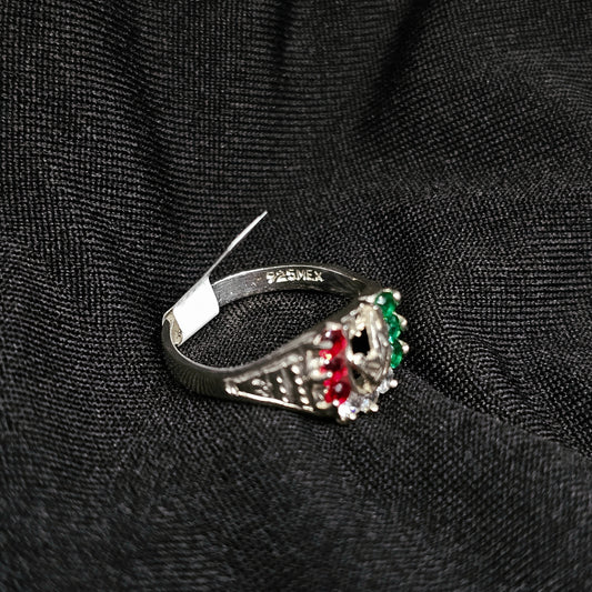 Sterling Silver Mexico Ring – Tricolor CZ, Size 5.5, 925 Stamped