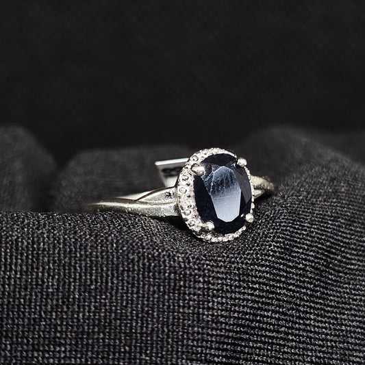 Silver Oval-Cut Blue Stone Halo Ring – Size 8