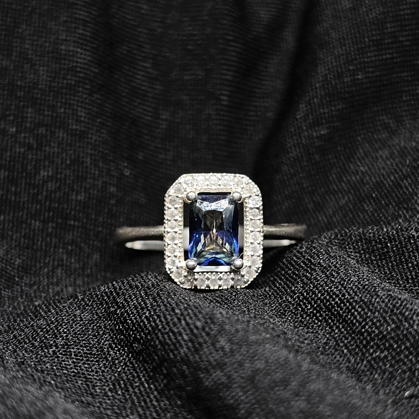 Emerald-Cut Blue Stone Halo Ring in Silver – Size 8.5