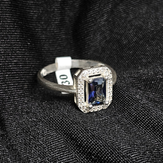 Emerald-Cut Blue Stone Halo Ring in Silver – Size 8.5