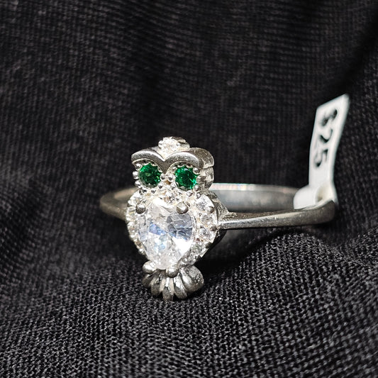 925 Silver Owl Ring with Green Eyes & CZ – Size 6.5 & 8.5