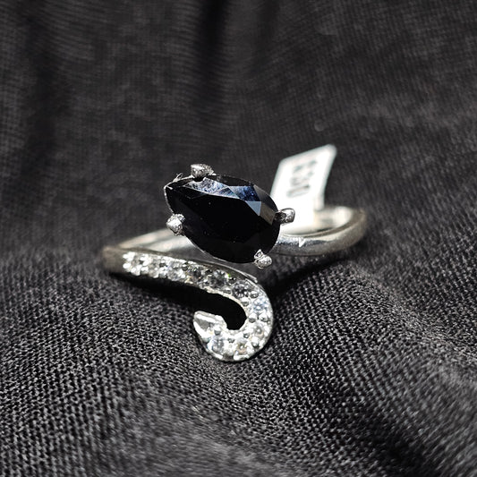 Marquise Black Stone Ring with Curved Silver and Crystal Accent