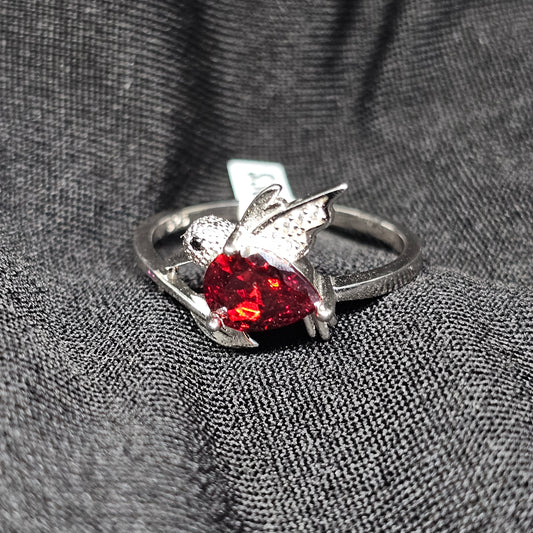 925 Sterling Silver Heart Ring with Red Stone and Angel Design