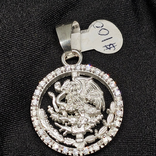 Mexican Eagle Pendant with CZ Border – Symbolic National Pride in Polished Silver Tone