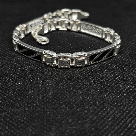 Men's Geometric Link Bracelet with Black Inlay – Premium Silver Finish (22g)