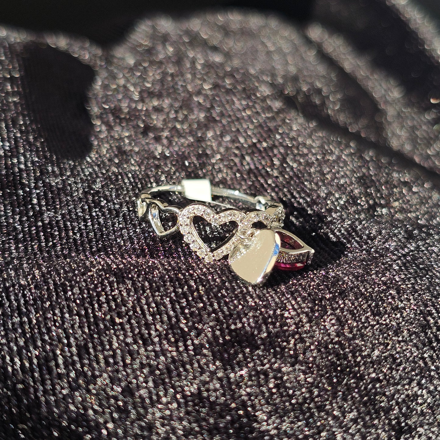 Hot Pink Heart Dangle and Heart Band Silver Ring