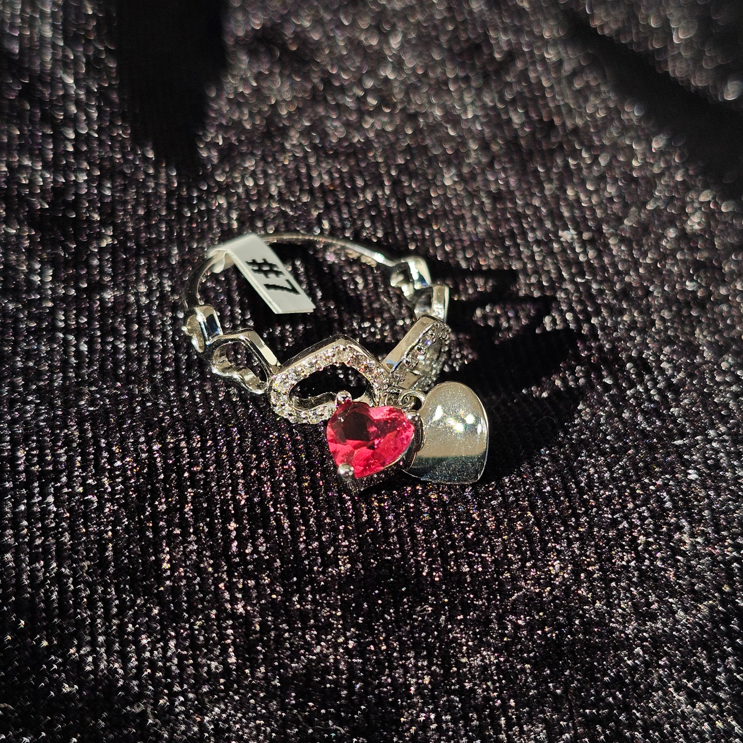 Hot Pink Heart Dangle and Heart Band Silver Ring