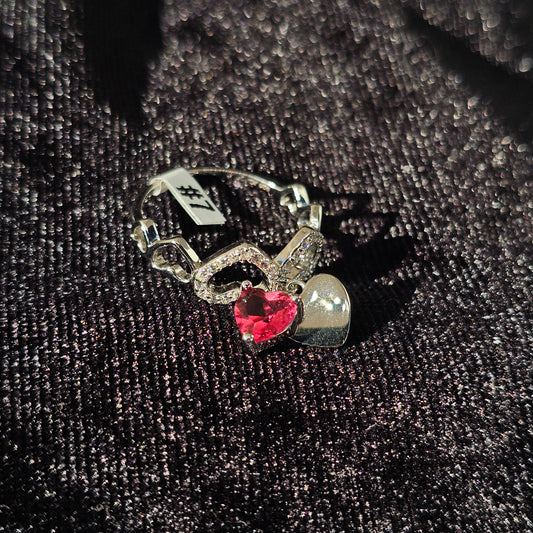 Hot Pink Heart Dangle and Heart Band Silver Ring