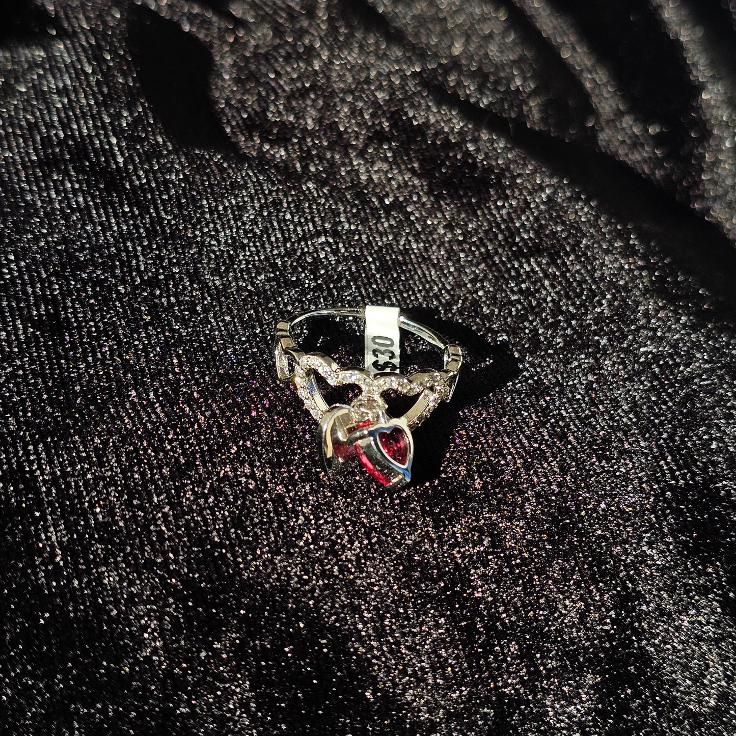 Hot Pink Heart Dangle and Heart Band Silver Ring