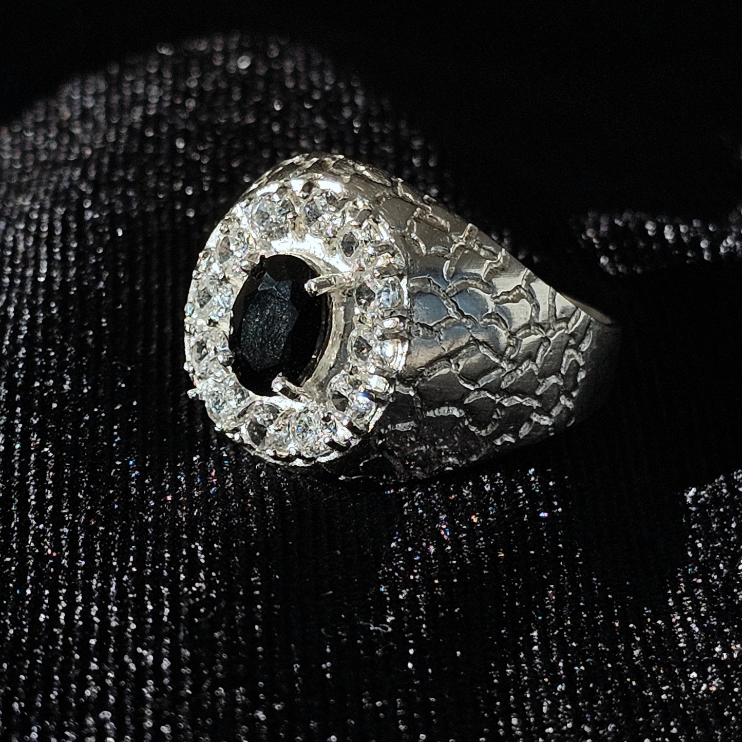 Oval CZ Halo 925 Sterling Silver Men's Nugget Ring with Black Center Stone