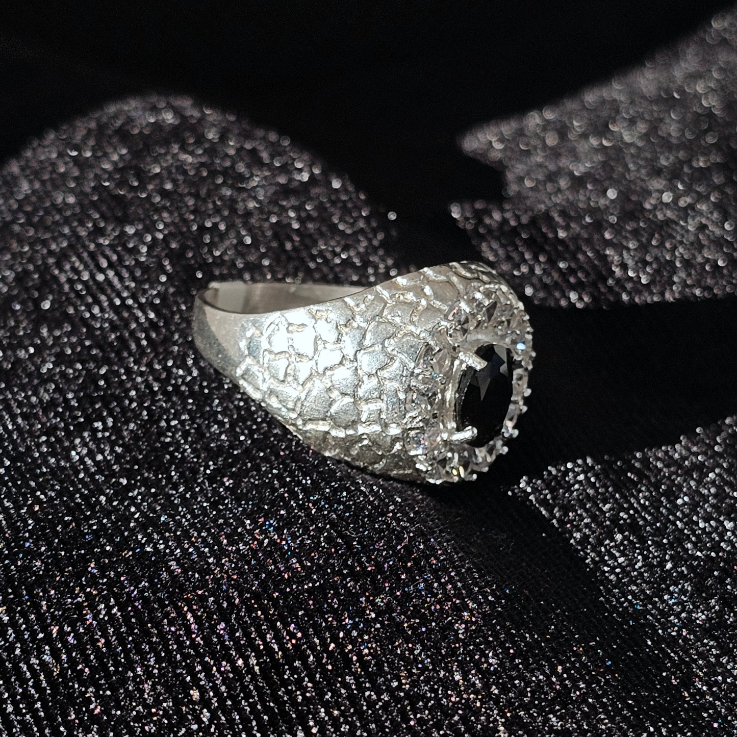 Oval CZ Halo 925 Sterling Silver Men's Nugget Ring with Black Center Stone