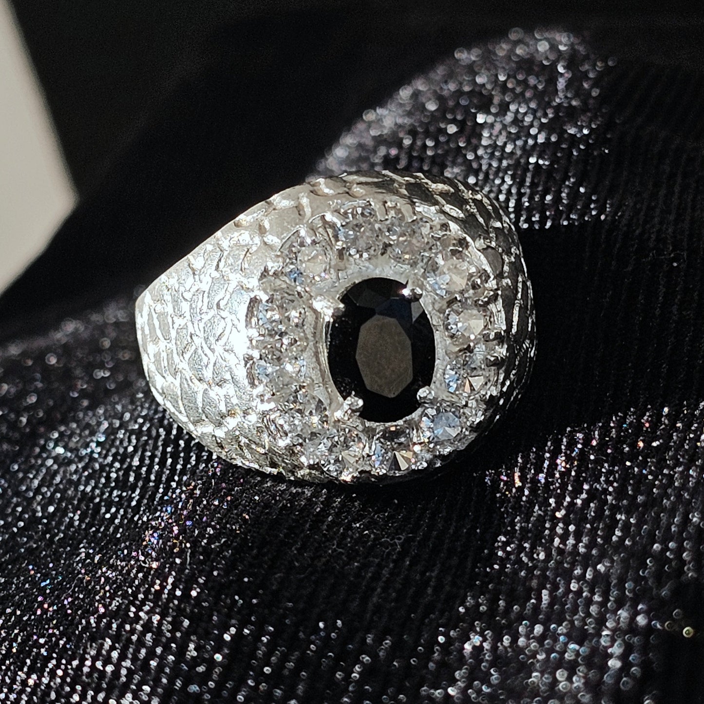 Oval CZ Halo 925 Sterling Silver Men's Nugget Ring with Black Center Stone